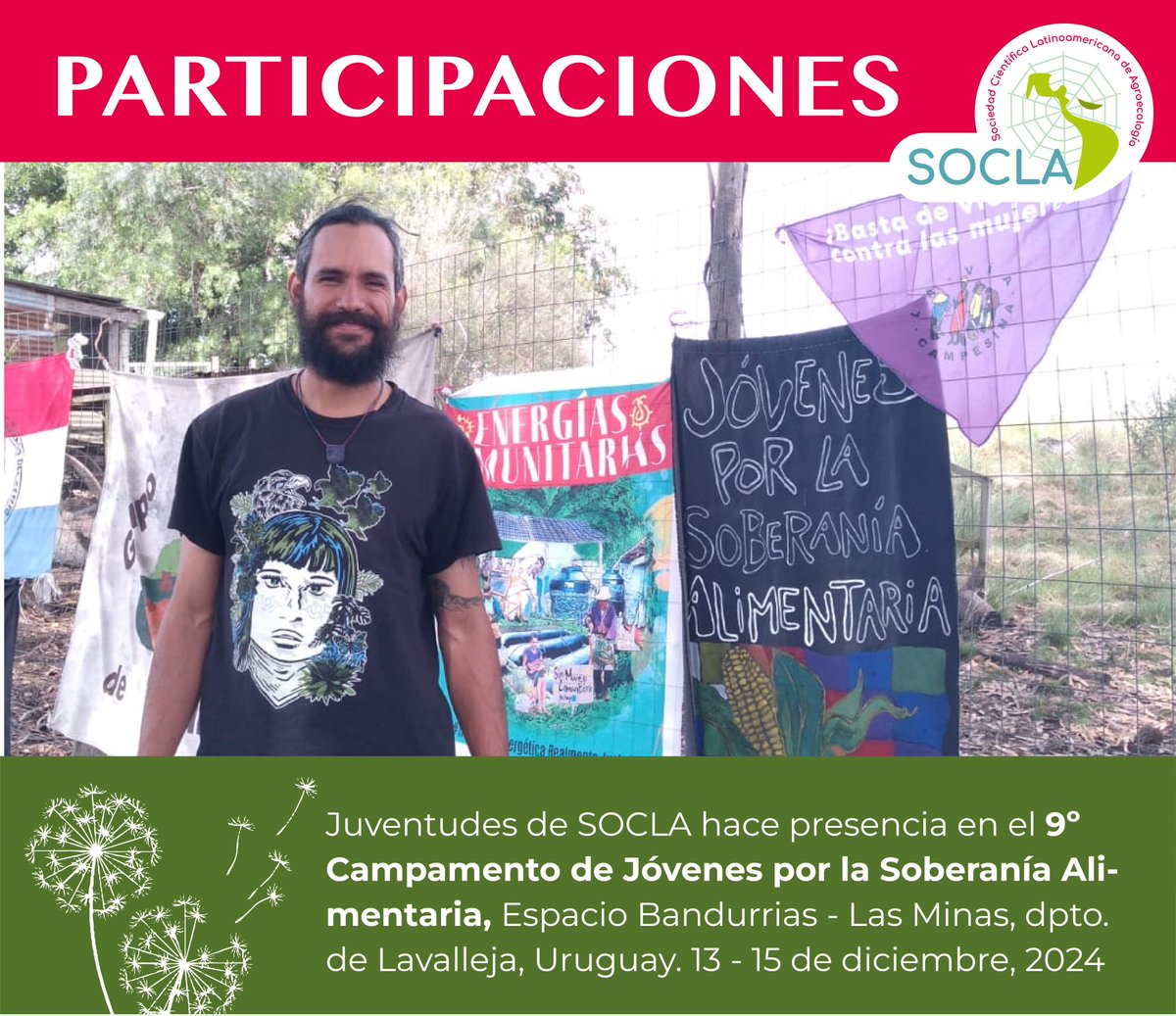 𝗦𝗢𝗖𝗟𝗔 en 🇺🇾 Uruguay
🐝Julián Ariza Arias, miembro de la Junta Directiva, en representación de Juventudes SOCLA, hizo presencia en el 9º Campamento de Jóvenes por la Soberanía Alimentaria, llevado a cabo los días 13,14 y 15 de Diciembre. Gracias @redsemillascriollas 🌱