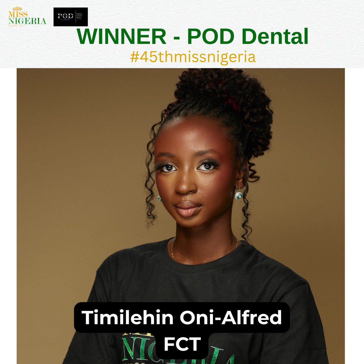 The winner of the POD Dental Trivia goes to Timilehin Oni-Alfred representing the FCT

Congratulations 🥳
.
.
#45thmissnigeria