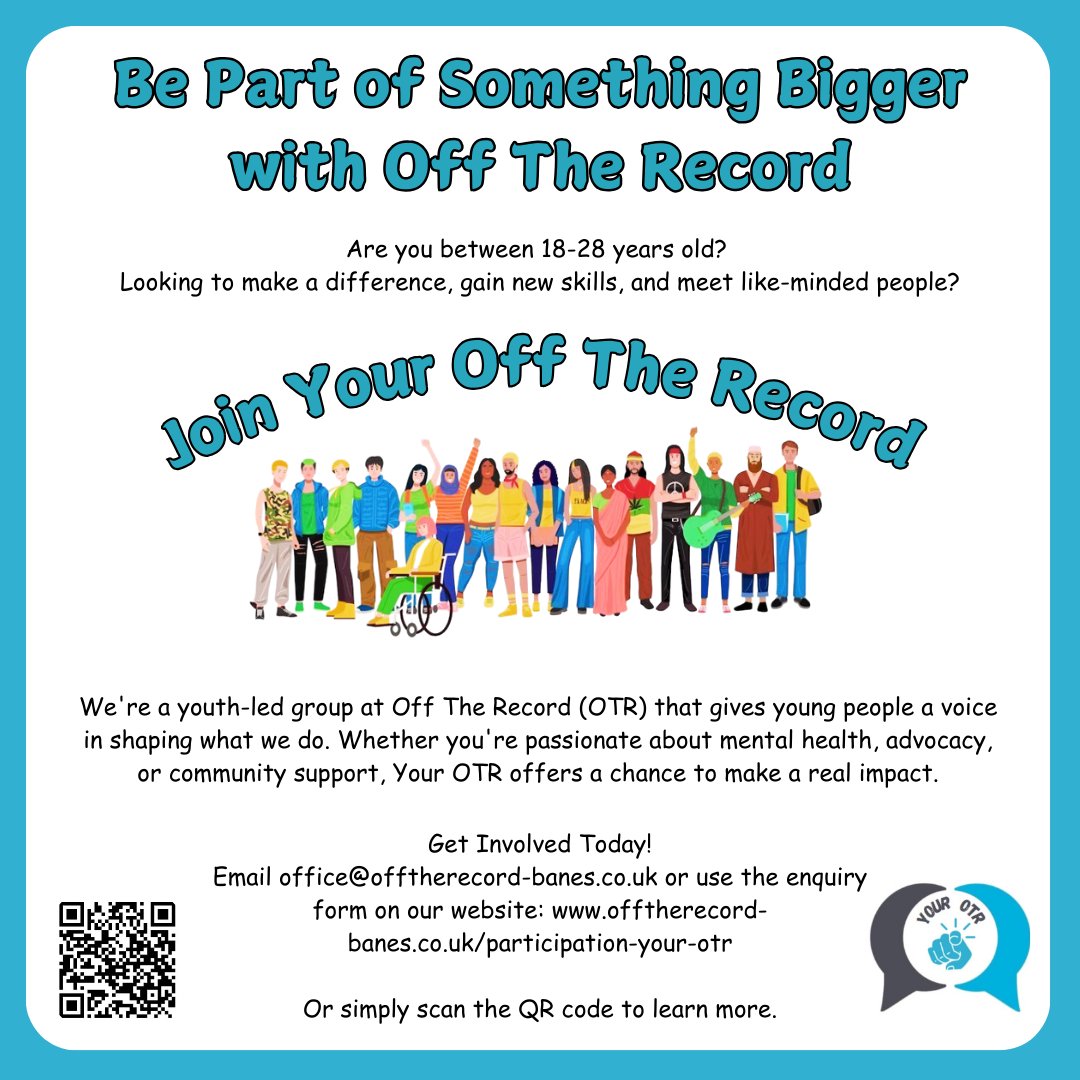 Are you a young person aged 18-28 in BANES? Do you want to make a difference to the work and decision making of Off the Record? Have you accessed our services and want to have your say on the organisation and it's future? If YES, then join Your OTR! Send us a DM or email to join.
