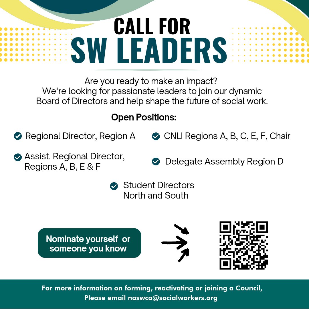 Are you ready to lead and make an impact? NASW-CA is looking for passionate social workers to help shape the future of the profession.

This is your opportunity to inspire change and make a difference in your community.

Learn more and apply today. 

naswca.org/page/run-for-o…