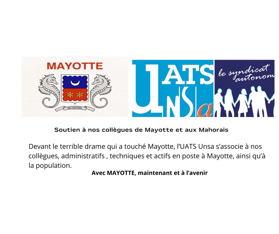 #uats #unsa 
Face au terrible #cyclone qui a dévasté #Mayotte #uatsunsa apporte son soutien à la population #mahoraise et aux personnels engagés. Sur place