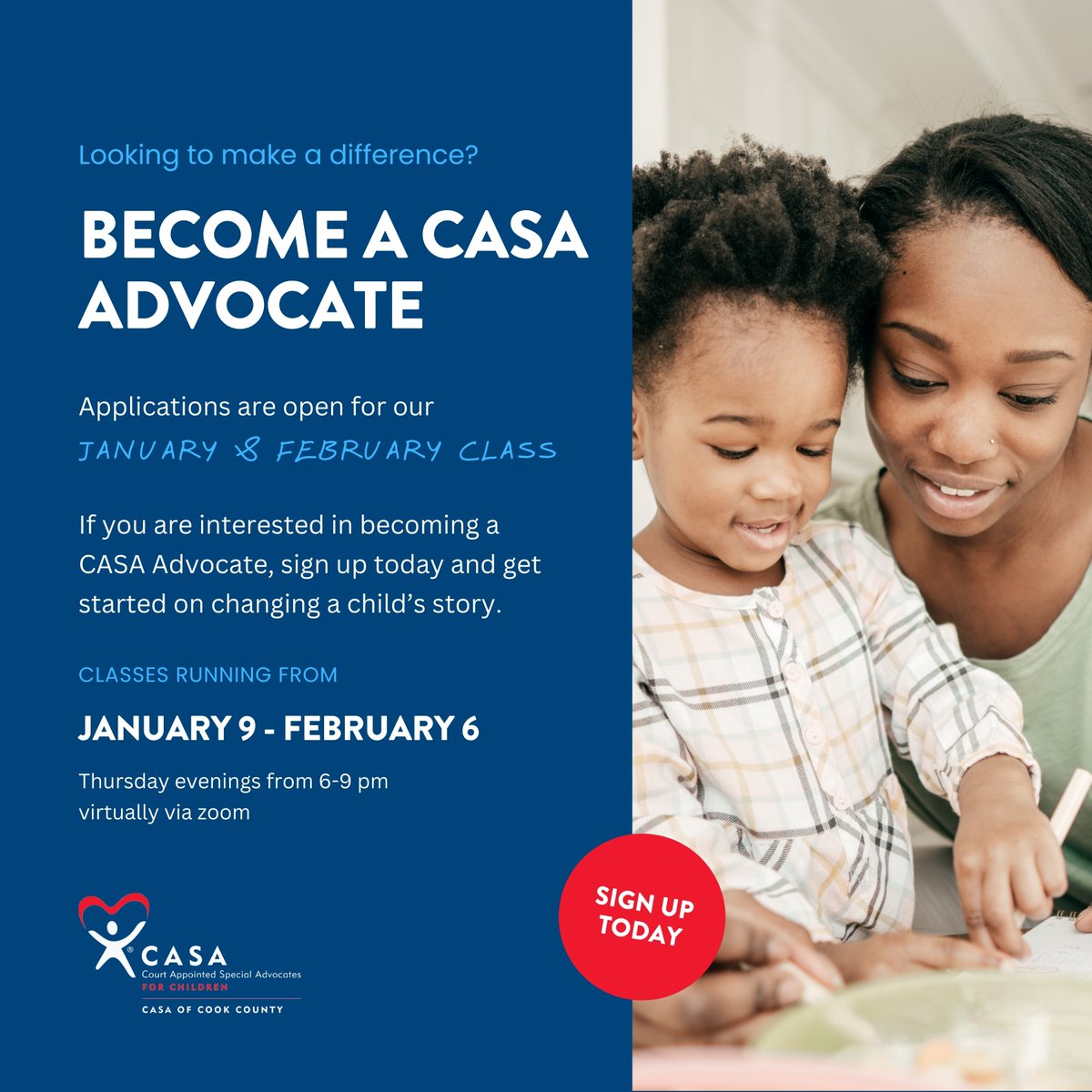 Looking to learn more about becoming a CASA Advocate? Sign up for one of our virtual classes and learn how you can get involved. 

⭐ Don’t miss out—register today to get started: il-cook.evintosolutions.com/VolunteerAppli…

#CASAofCookCounty #advocate