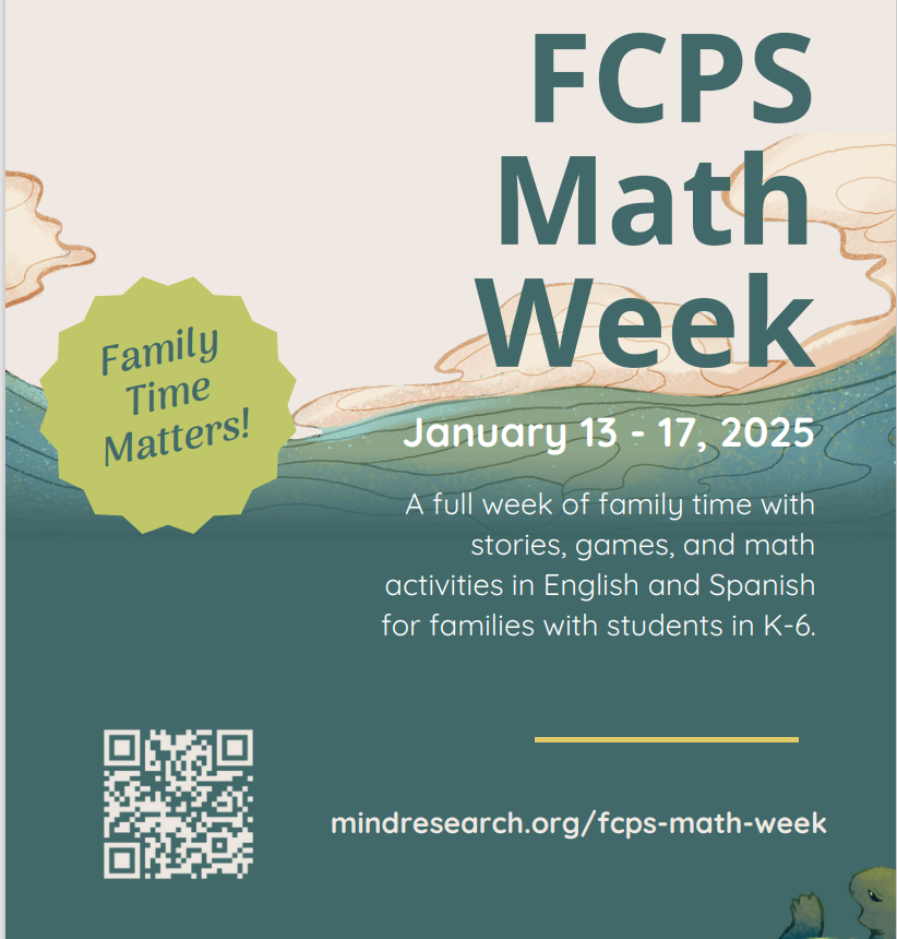 Let's Get Excited! January 13-17, 2025 is Math Week! There will be a full week of family time with stories, games, and math activities in English and Spanish for families with students in k-6 grades. 
Access all the great materials: mindresearch.org/fcps-math-week
#FCPS
#fcpsmath