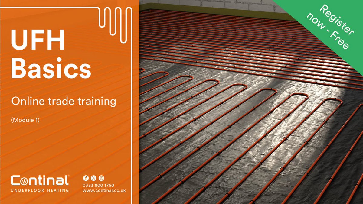 Free online UFH trade training.

How UFH heats a room and a little-known fact about “radiators”. Matching the heat loss easily with UFH. System components. Control strategies. System plumbing planning.

Register here: continal.co.uk/tr1-module1