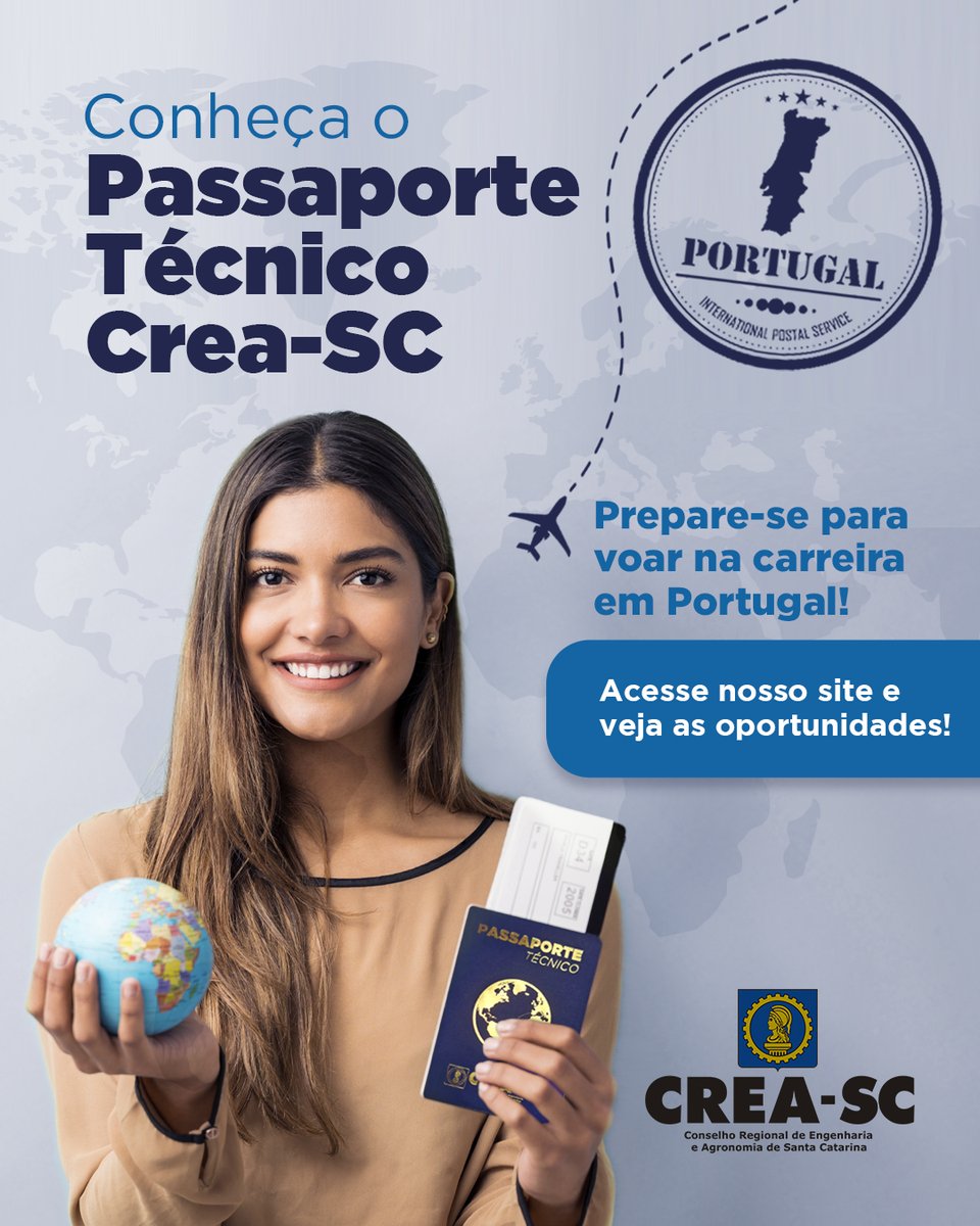 creasc's tweet image. Com o Passaporte, você engenheiro tem acesso a oportunidades de trabalho em Portugal de forma facilitada! 🚀

Para saber mais e solicitar o seu, acesse o site inovacao.crea-sc.org.br/passaporte_tec… ℹ️

#CreaSC #Inovação #Engenharia #PassaporteTécnico #Portugal