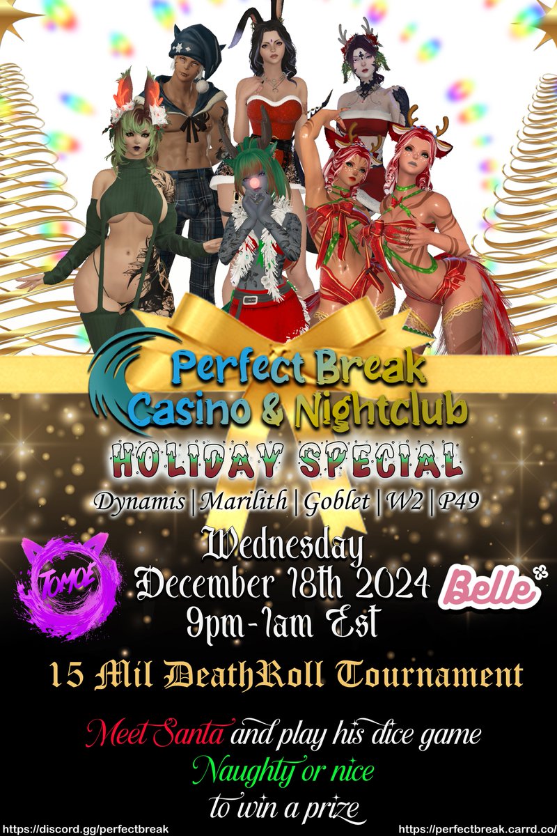 Perfectbreakxiv's tweet photo. Join us tonight for our 15mil Death Roll Tournament!  9p-1a EST - #dynamis #Marilith Goblet / W2 P49 - Santa will be on site as well handing out presents and taking photos!  @mikitomoeXIV and @BlondeableVT bringing in the hottest music! https://t.co/IpQlEBeLTF