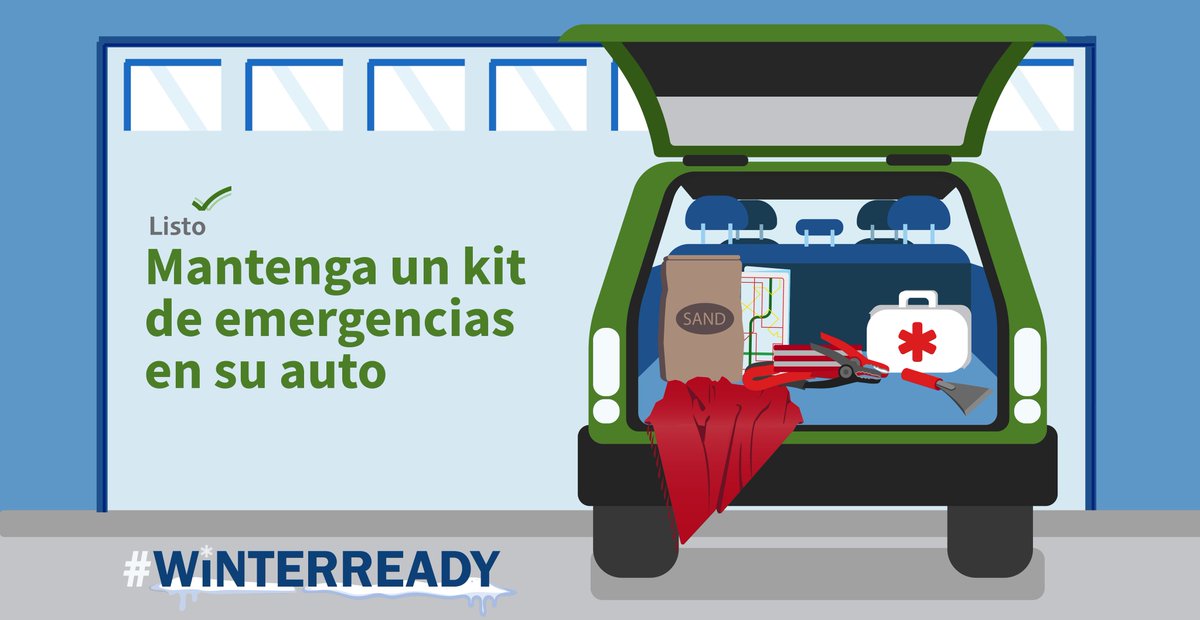 Si vas a viajar durante las festividades, ¡prepárate para el invierno!

- Revisa tu vehículo antes de salir y asegúrate de que esté listo para el clima frío.
- Empaca suministros esenciales en caso de una emergencia.

Mantente #WinterReady, visitando listo.gov/es/winter-ready.