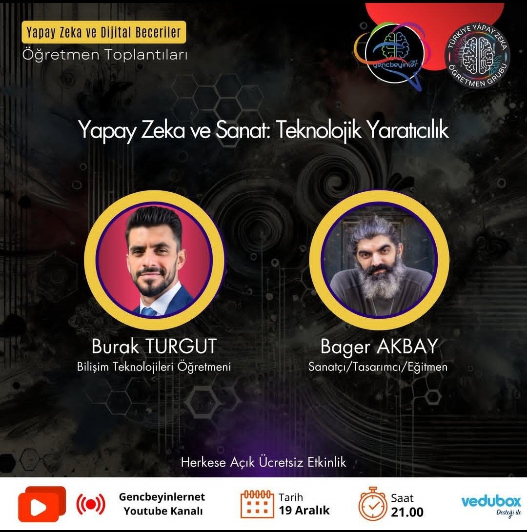 Yapay Zeka ve Sanat'ı konuşuyoruz. Konuğumuz alanın uzmanı ve ilk robot şair "Deniz Yılmaz"ın yaratıcısı <a href="/bagerakbay/">Bager Akbay</a>
Yapay Zeka ve Sanata ilgili olanları bekleriz. 🌞 gencbeyinler.net/yapay-zeka-cag…
#YapayZeka #BagerAkbay