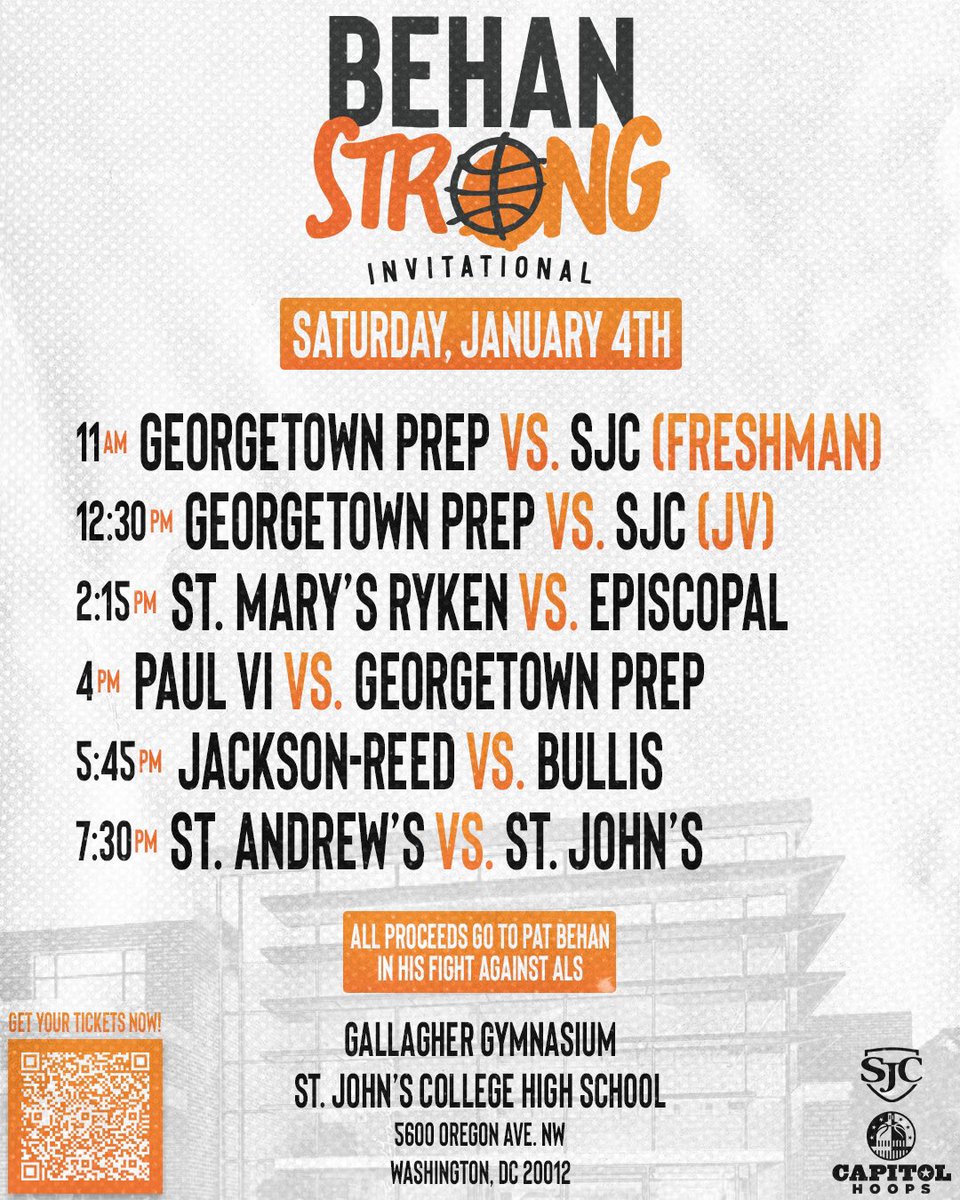 BehanStrong's tweet photo. Join us on Saturday 01/04 at the Behan Strong Invitational hosted by St. John's College High School. The purpose of this event is to help fundraise for Pat Behan and to bring awareness to ALS. Link to purchase tickets: https://t.co/P9uDBC9XHB
No tickets at the door. https://t.co/Kq57uzu8lU