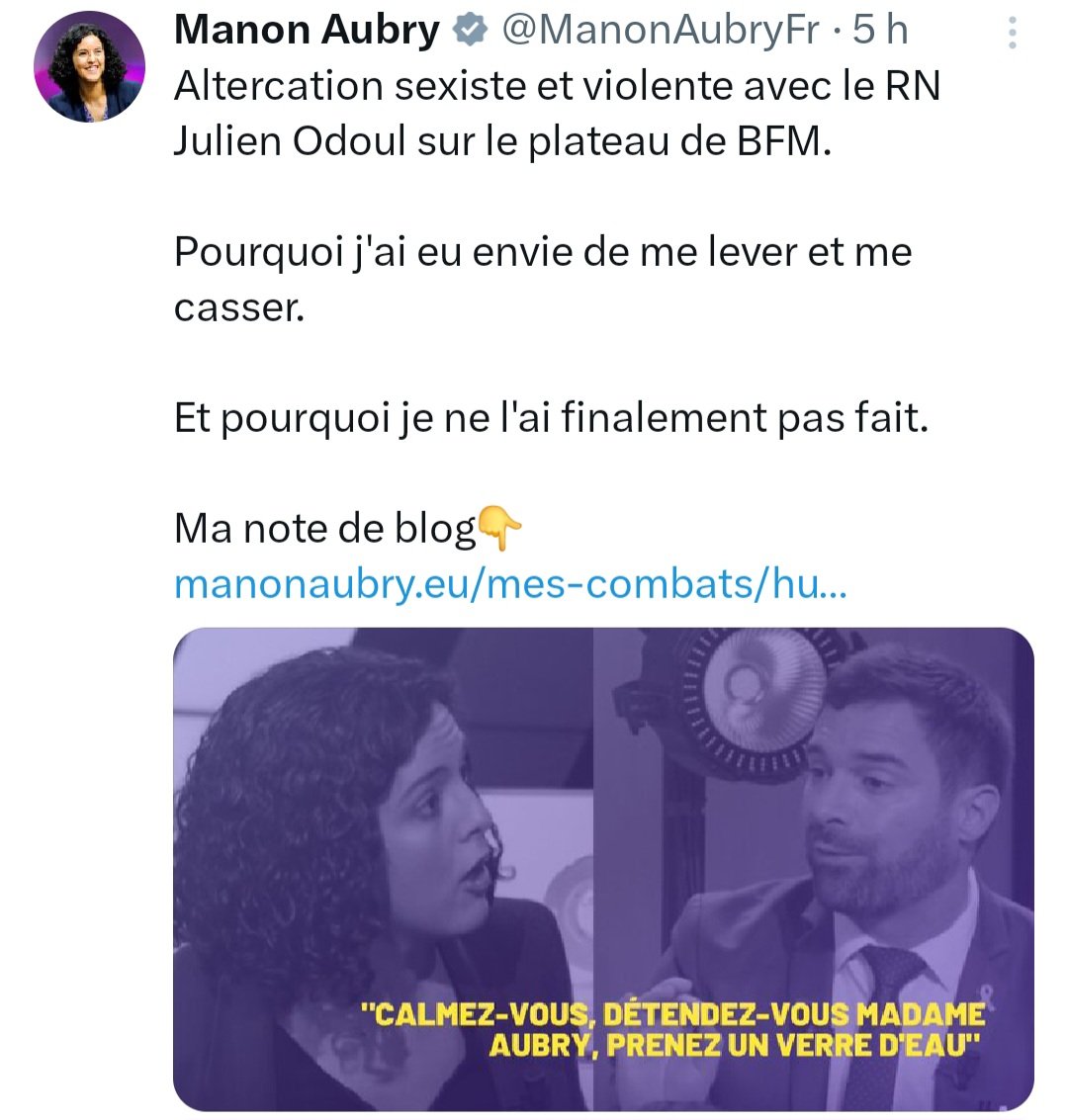 La vie des femmes en politique : 
👉 <a href="/sandrousseau/">Sandrine Rousseau</a> qui se fait sans cesse interrompre par les hommes 
👉 <a href="/ManonAubryFr/">Manon Aubry</a> victime des propos sexistes du RN 
C'était seulement en une journée et sur un seul plateau TV
On est fatiguééééeeees 
(Mais tjs fières, deter et en colère 💥)