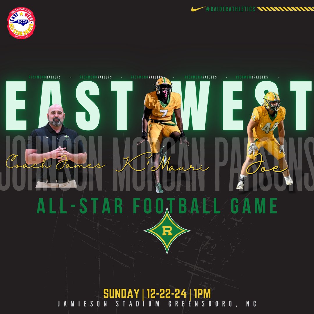 Raider Athletics (@rshathletics) on Twitter photo Congratulations to <a href="/FbRichmond/">RichmondRaidersFB</a> seniors KβMauri Morgan & Joe Parsons on being selected to play in the East West All Star Football Game this weekend!
Congratulations to Coach James Johnson for being selected as an assistant coach!
#GoRaiders
βοΈπ°π΄ββ οΈ Congratulations to <a href="/FbRichmond/">RichmondRaidersFB</a> seniors KβMauri Morgan & Joe Parsons on being selected to play in the East West All Star Football Game this weekend!
Congratulations to Coach James Johnson for being selected as an assistant coach!
#GoRaiders
βοΈπ°π΄ββ οΈ