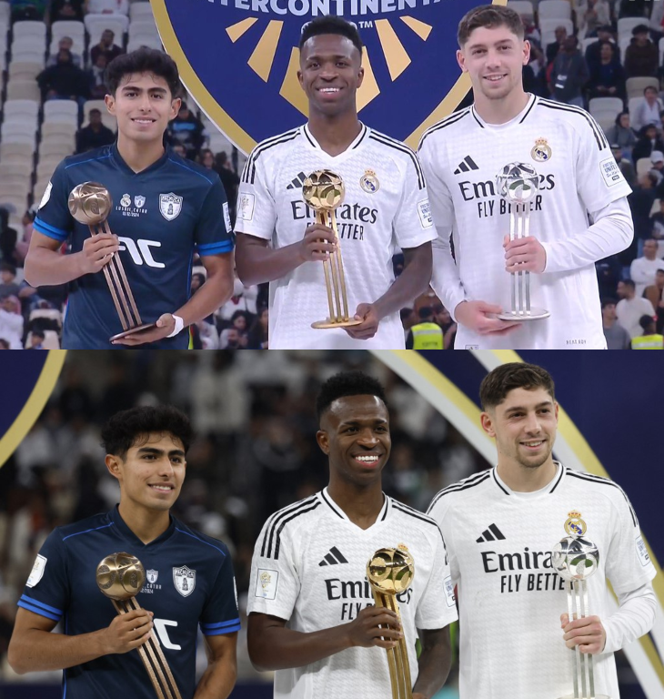 Imagina tener 19 años de edad, ser el mejor jugador del Pachuca en una Copa Intercontinental, recibir el Balón de Bronce del torneo y compartir podio con Vinicius Júnior y Fede Valverde. Qué momentazo para Elías Montiel. Esta foto la tiene que enmarcar de inmediato. DE MÉXICO