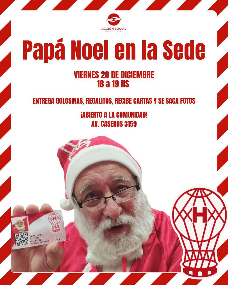 PAPÁ NOEL EN HURACÁN!🎅🏻❤️

Este Viernes 20/12 desde las 18hs y hasta las 19hs Papá Noel Quemero en la Sede Social del Club (Av Caseros 3159).
Estará recibiendo cartas, regalando golosinas, haciendo algunos regalitos y sacándose fotos.🎅🏻 La actividad es libre, es gratuita!