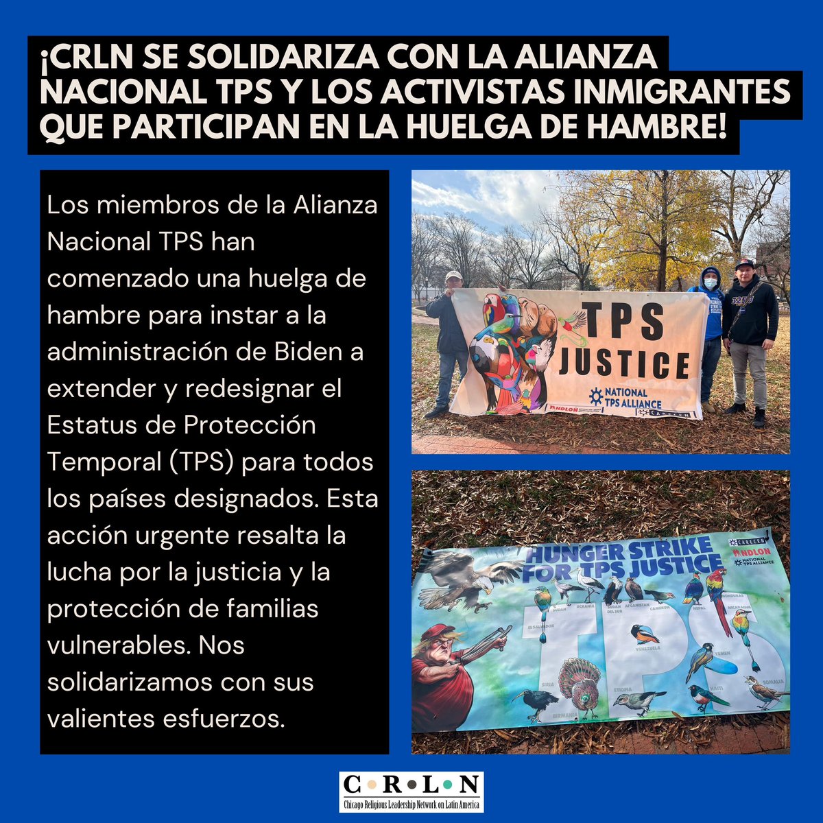 CRLN_LA's tweet photo. ¡CRLN se solidariza con la Alianza Nacional de TPS y los activistas inmigrantes en su valiente huelga de hambre! ✊ #Solidaridad #JusticiaTPS https://t.co/8q8gXvcQAT