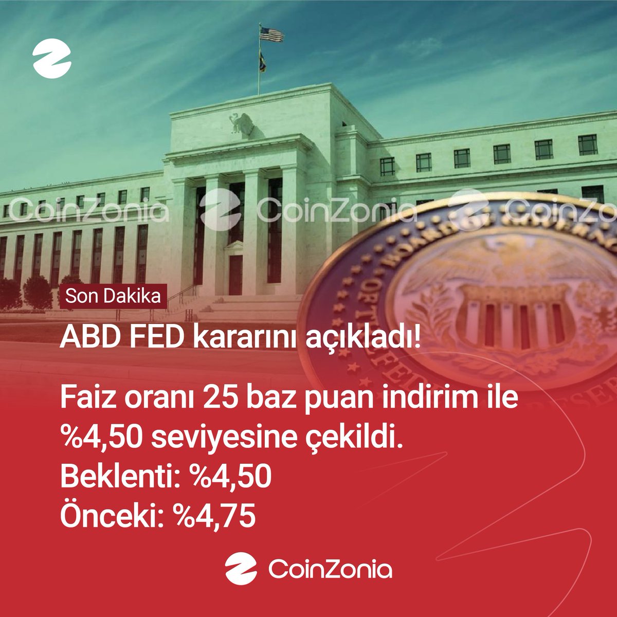 🇺🇸 ABD FED kararını açıkladı!
Faiz oranı 25 baz puan indirim ile %4,50 seviyesine çekildi.

📈 Beklenti: %4,50
📉 Önceki: %4,75

#FEDfaizkararı #FED #faizkararı