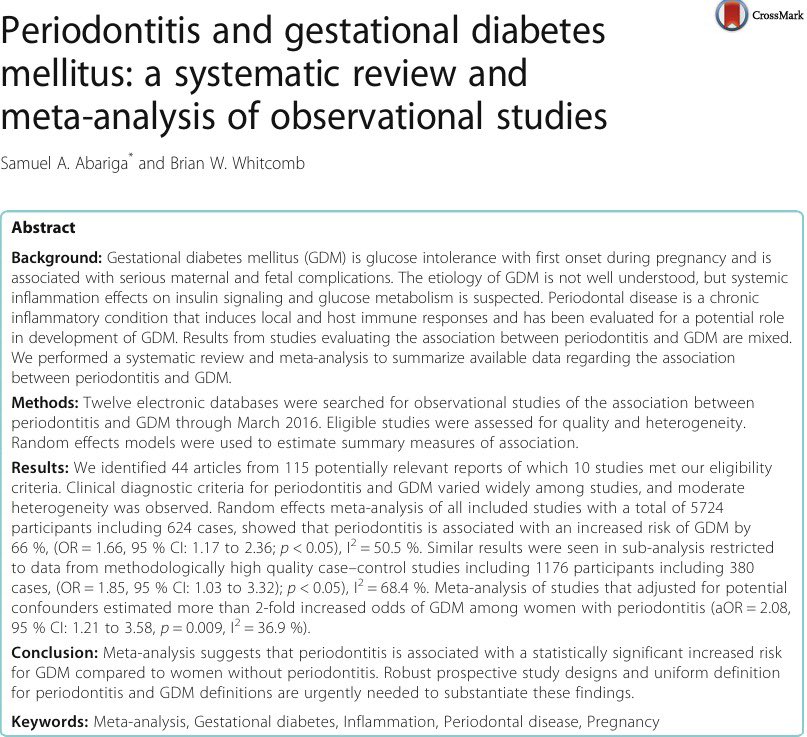 🔴 🤰دراسة وجدت إلى ان التهابات اللثة قد تزيد من احتمالية الإصابة بسكر الحمل إلى الضعف مقارنة مع النساء غير المصابات بإلتهابات اللثة …
🔴 وذلك بعد مراجعة اكثر من ٤٤ دراسة سابقة بحثت نفس الموضوع  ..
