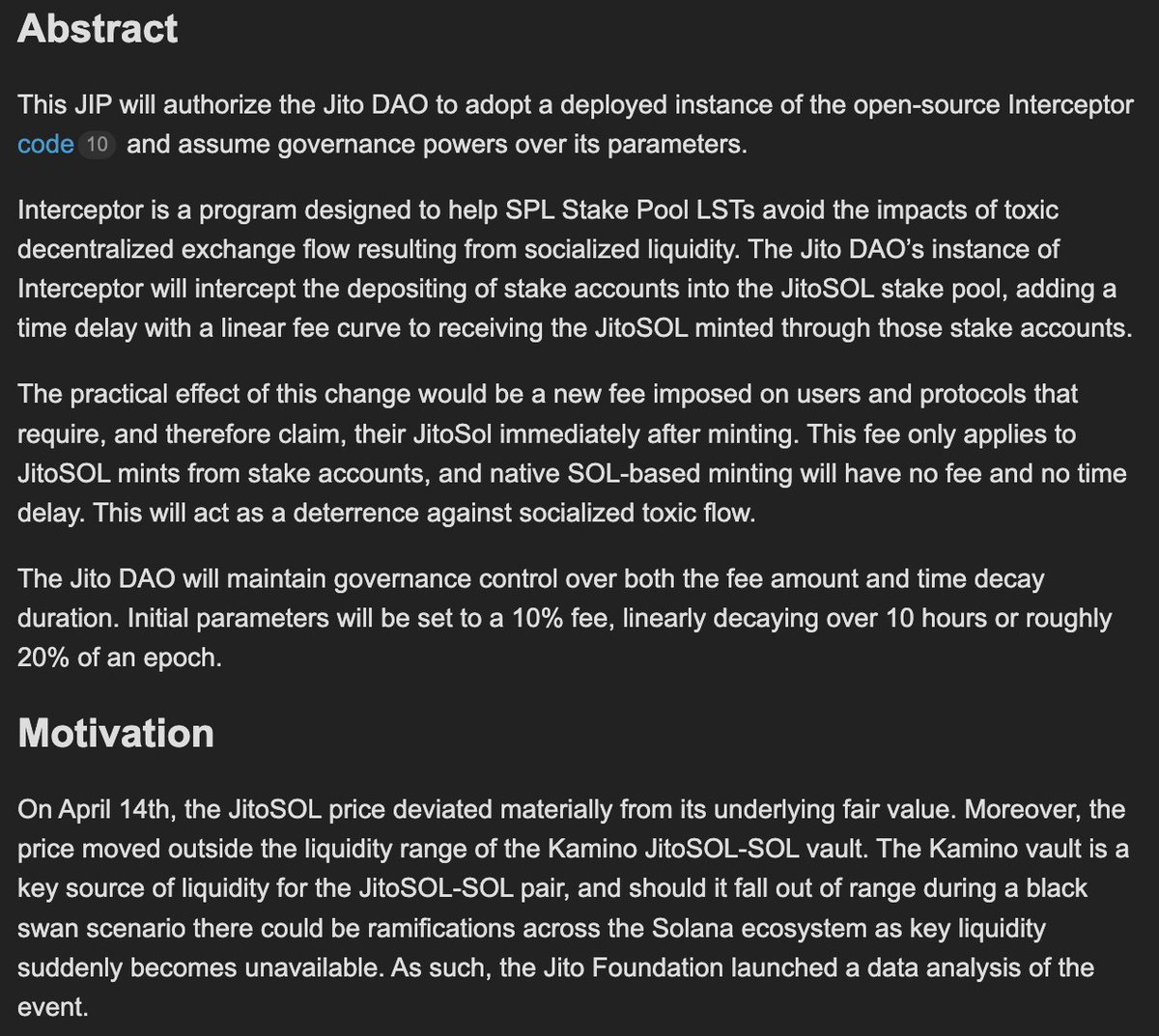 3/ JIP-9 introduces Interceptor, technical infrastructure designed to  improve JitoSOL pool stability. It adds parameters for stake account  deposits that can be governed by the DAO.