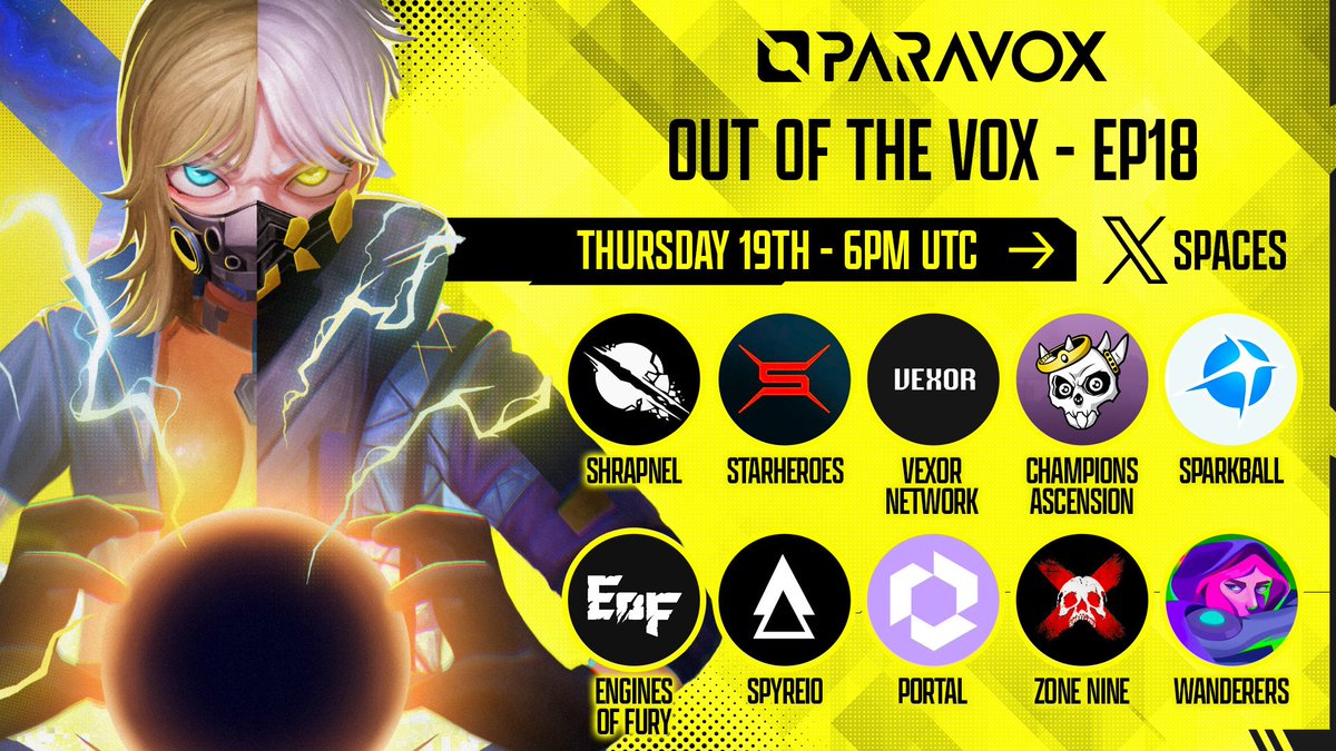 PARAVOX (@paravox_game) on Twitter photo Out of the VOX - 2024 Recap 🎙️
Join us tomorrow at 6PM UTC for our BIGGEST weekly Spaces ever ⚡
We will be joined by some legendary guest speakers: <a href="/playSHRAPNEL/">SHRAPNEL 🔺</a> <a href="/StarHeroes_game/">StarHeroes</a> <a href="/vexor_gg/">Vexor Network</a> <a href="/ChampionsIO/">Champions Ascension</a> <a href="/playSparkball/">LET'S PLAY SPARKBALL!</a> <a href="/EnginesOfFury/">Engines of Fury 🎮</a> <a href="/spyreio/">SpyreIO</a> <a href="/Zone9Survival/">Zone Nine</a> <a href="/Wanderers/">Wanderers</a> Out of the VOX - 2024 Recap 🎙️
Join us tomorrow at 6PM UTC for our BIGGEST weekly Spaces ever ⚡
We will be joined by some legendary guest speakers: <a href="/playSHRAPNEL/">SHRAPNEL 🔺</a> <a href="/StarHeroes_game/">StarHeroes</a> <a href="/vexor_gg/">Vexor Network</a> <a href="/ChampionsIO/">Champions Ascension</a> <a href="/playSparkball/">LET'S PLAY SPARKBALL!</a> <a href="/EnginesOfFury/">Engines of Fury 🎮</a> <a href="/spyreio/">SpyreIO</a> <a href="/Zone9Survival/">Zone Nine</a> <a href="/Wanderers/">Wanderers</a>