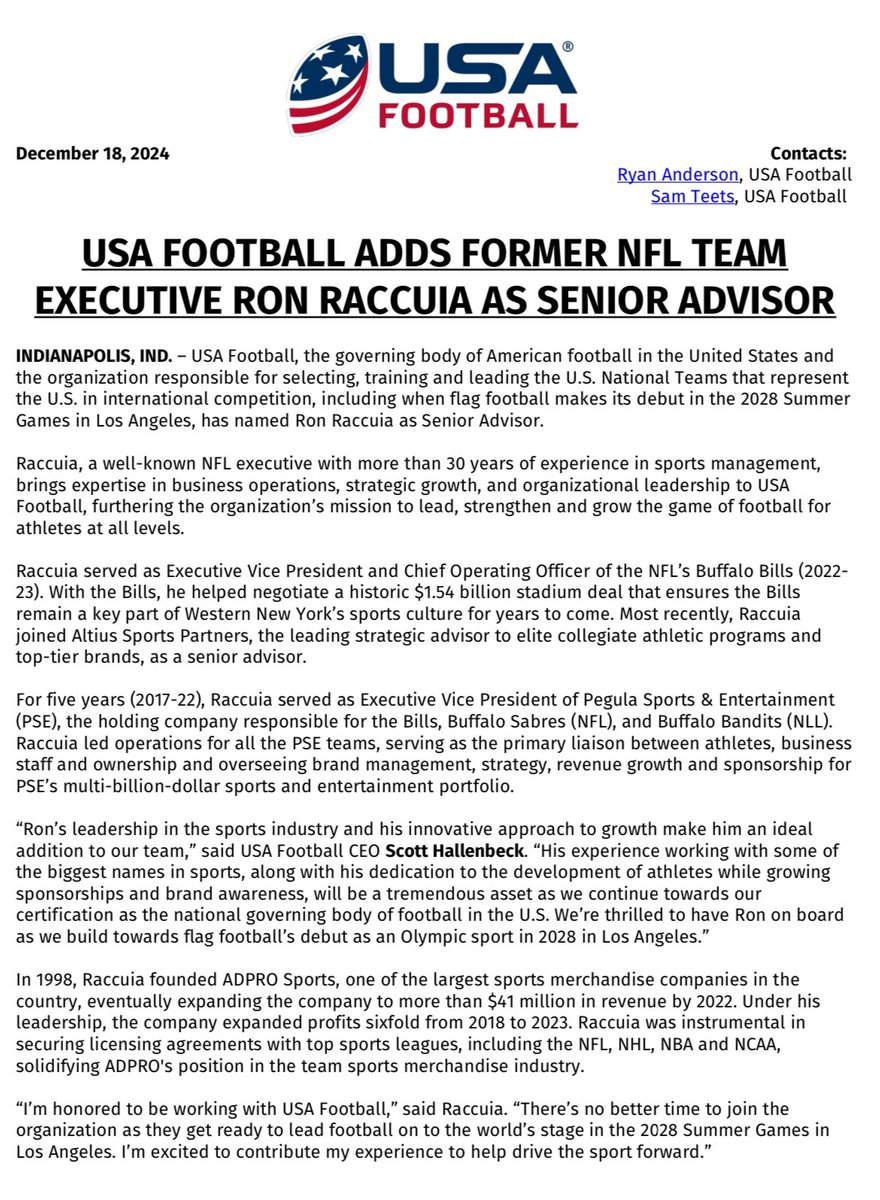 Ron Raccuia, the former EVP and COO of the Buffalo Bills, has joined USA Football as a senior advisor ahead of flag football’s debut at the 2028 L.A. Games