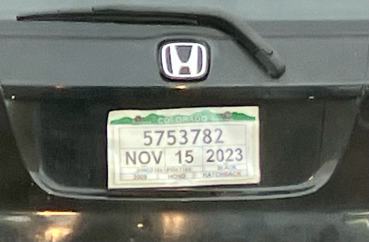 License plates?  We don’t need no stinkin’
license plates!
<a href="/CodyCam/">cody white</a> <a href="/KenClarkTV/">Ken Clark</a> <a href="/WendyBrockTV/">Wendy Brockman</a> <a href="/KDVR/">FOX31 Denver KDVR</a> <a href="/channel2kwgn/">Channel 2 KWGN</a> <a href="/greg_nieto/">Gregory Nieto</a> <a href="/KirkYuhnke/">Rhymes with funky</a> <a href="/chris_tomer/">Chris Tomer</a> <a href="/chrisparente/">Chris Parente 🇺🇸</a>