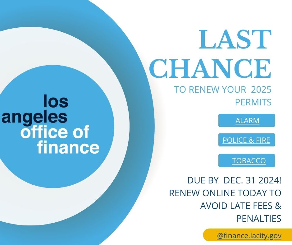 Visit finance.lacity.gov to get more information on renewing your permits today! Renew by December 31st, 2024 to avoid late fees &amp; penalties! 
Alarm Permit: latax.lacity.org/policepermitre…
Police &amp; Fire Permit: latax.lacity.org/policefireperm…
Tobacco Permit: latax.lacity.org/tobaccopermitr…