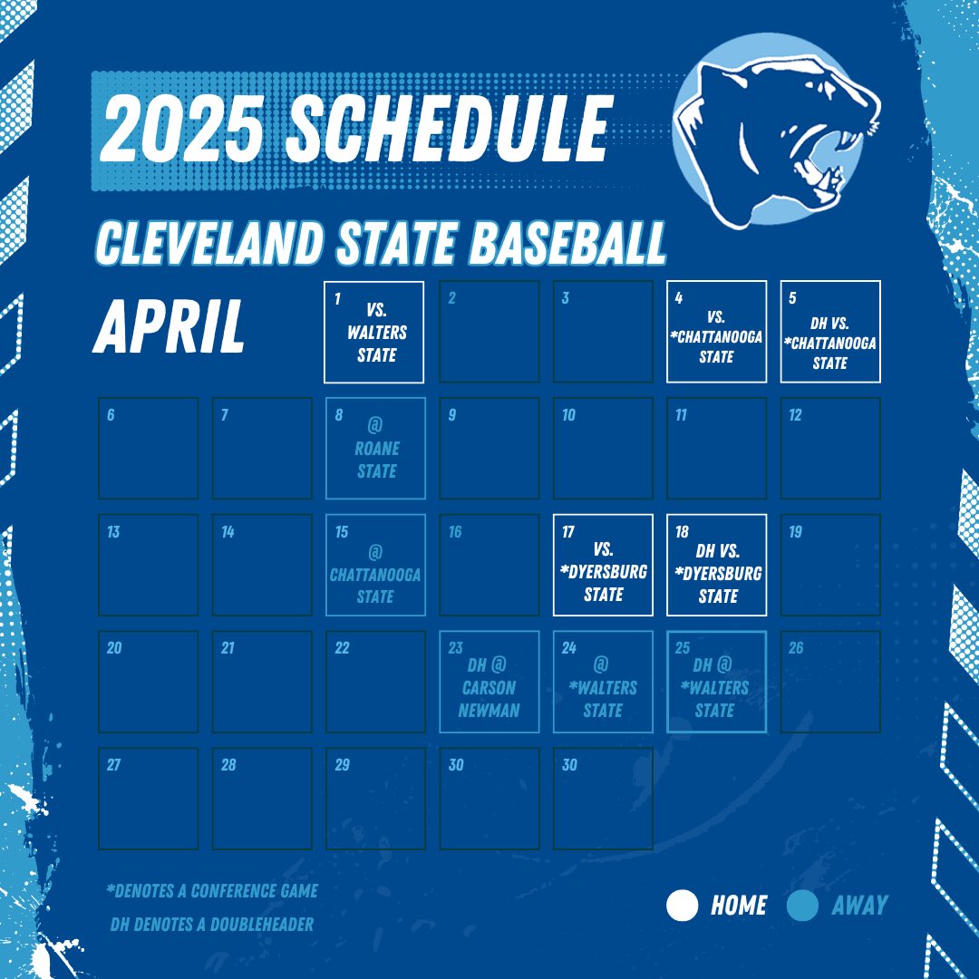 Our 2025 Baseball Schedule release!

28 Home Games at Cougar Field
27 Away Games throughout Georgia and Tennessee

We hope you come out and support whether we’re on the road or at home this season!

<a href="/CS_Athletics/">Cleveland State Cougars</a> 

#ClevelandStateBaseball