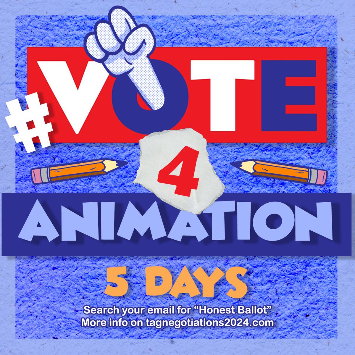 AWorkersIgnited's tweet photo. FIVE DAYS LEFT TO VOTE! Check out https://t.co/N59OaGtNTh to read the Memorandum of Agreement. A yes vote ratifies the current MOA for the next 3 years, a no vote sends us back to the bargaining table with the AMPTP. Your vote is your voice! #standwithanimation https://t.co/gOtT45Iw1h