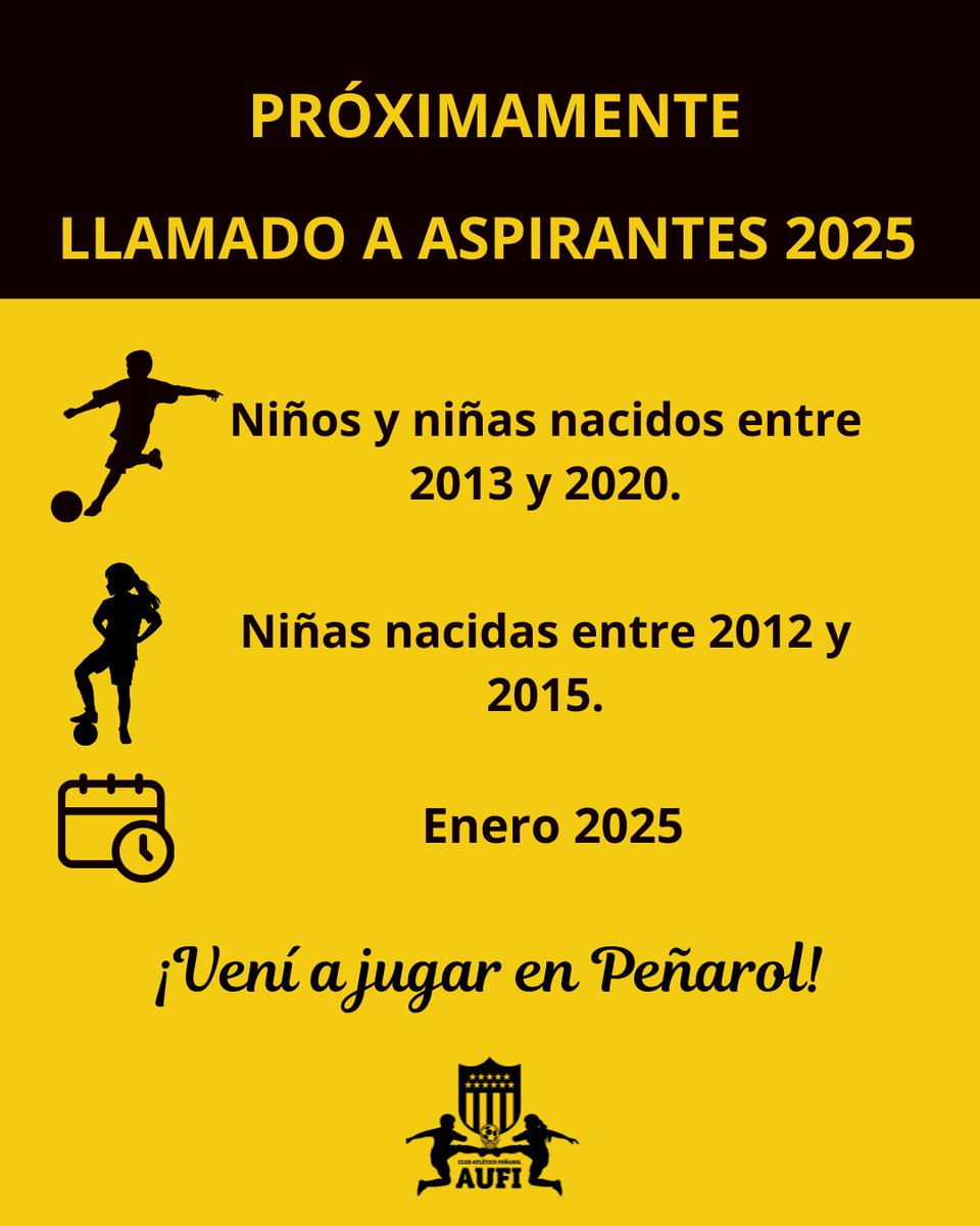 🔜 Llamado general a aspirantes.
En enero realizaremos el llamado a aspirantes de cara a la temporada 2025.
Vení a jugar a Peñarol!🟡⚫
