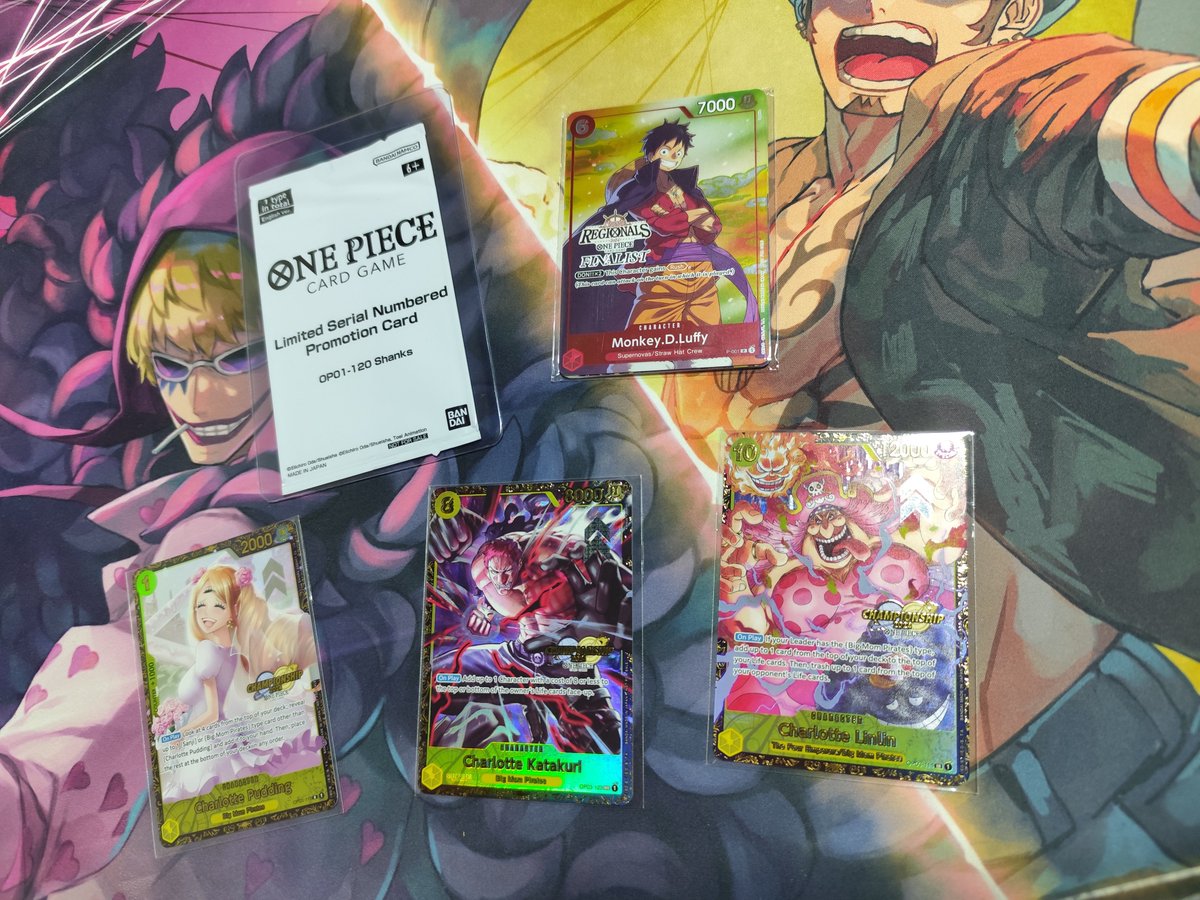 Looking to sell !!!
Top64 pudding
Top32 Finalist Promos
Top16 Katakuri
Top8 Big mom
Serial Shanks

If u have interest just DM!!
RT's are appreciated!