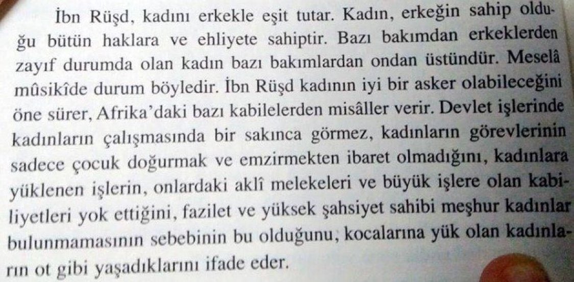 Endülüs İslam filozoflarından İbn Rüşd’ün 12. yüzyılda kadınlarla ilgili görüşleri. İbn Rüşd gericiler tarafından sapkın ilan edilip sürüldü, eserlerinin birçoğu yakıldı. Batıya Aristo’yu yeniden tanıtan kişidir. Rönesans ve reformun erken tetikleyicilerinden biridir.