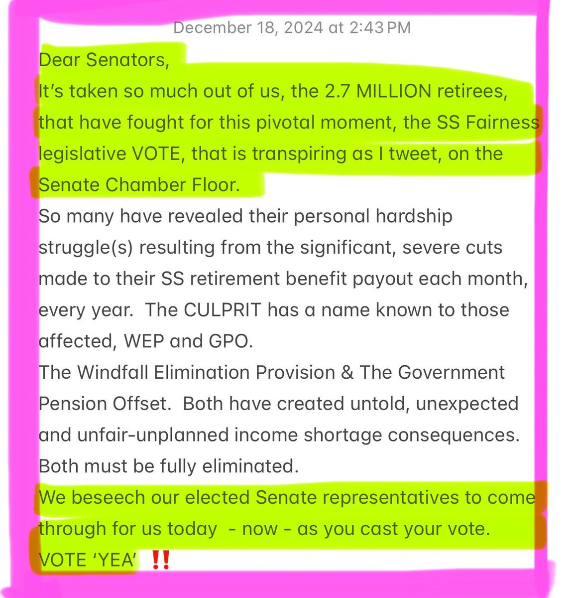 Gloria2 (@ggfromorange) on Twitter photo #RepealWEPGPO #SocialSecurityFairnessAct
<a href="/SenSchumer/">Chuck Schumer</a> <a href="/LeaderMcConnell/">Mitch McConnell</a> <a href="/SenateDems/">Senate Democrats</a> <a href="/SenateGOP/">Senate Republicans</a>
VOTE COUNT 61/25 right now!!!!! 2:48 pm #RepealWEPGPO #SocialSecurityFairnessAct
<a href="/SenSchumer/">Chuck Schumer</a> <a href="/LeaderMcConnell/">Mitch McConnell</a> <a href="/SenateDems/">Senate Democrats</a> <a href="/SenateGOP/">Senate Republicans</a>
VOTE COUNT 61/25 right now!!!!! 2:48 pm