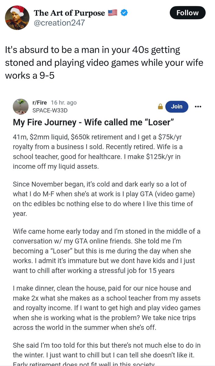 PollsTesla's tweet image. Latest ridiculous Xitter clickbait

A guy retired wealthy less than a month ago.
He’s chilling out while his wife teaches kindergarten 

And people are trying to judge him as lazy loser

He’s a 100% winner 

#EngagementFarming