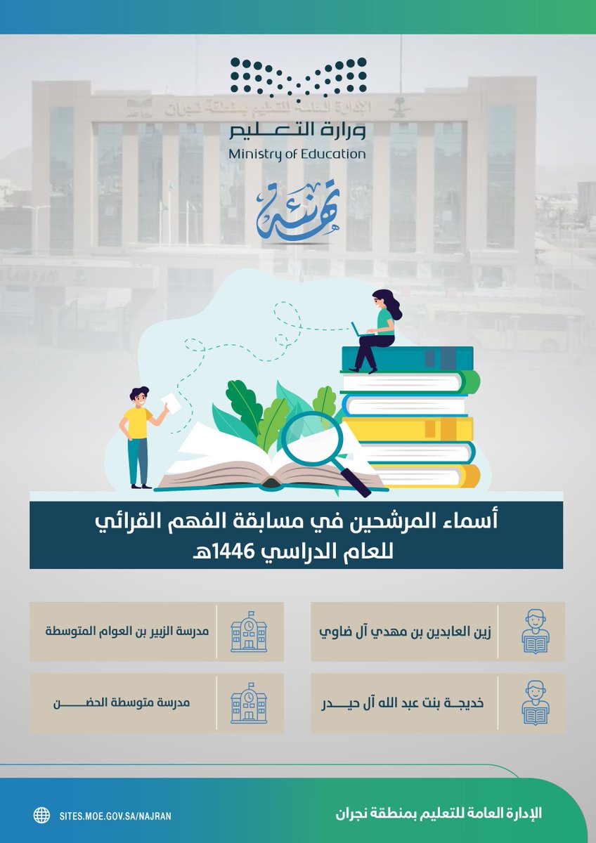 الإدارة العامة للتعليم بمنطقة نجران، تهنئ الطلاب والطالبات المرشحين لمسابقة الفهم القرائي للعام الدراسي 1446هـ على مستوى المنطقة. 
#تعليم_نجران