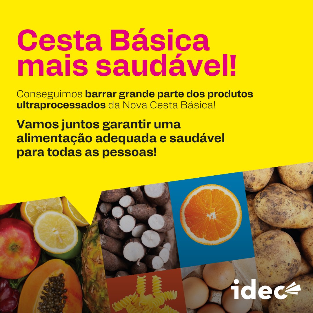 idec's tweet image. Vai ter cesta básica mais saudável, SIM!

A nova cesta básica foi regulamentada: livre de impostos, com alimentos in natura e sem ultraprocessados como salsichas e biscoitos.

Essa conquista promove saúde, fortalece a agricultura familiar e valoriza a sociobiodiversidade.