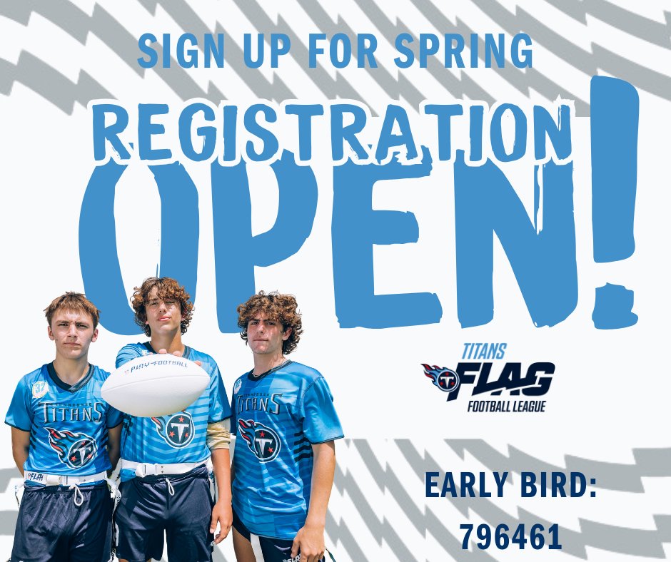titanscommunity's tweet image. Be sure to take advantage of early bird pricing through the end of December! Click the link for more information! 

🔗titansflagfootball.com/Default.aspx?t…