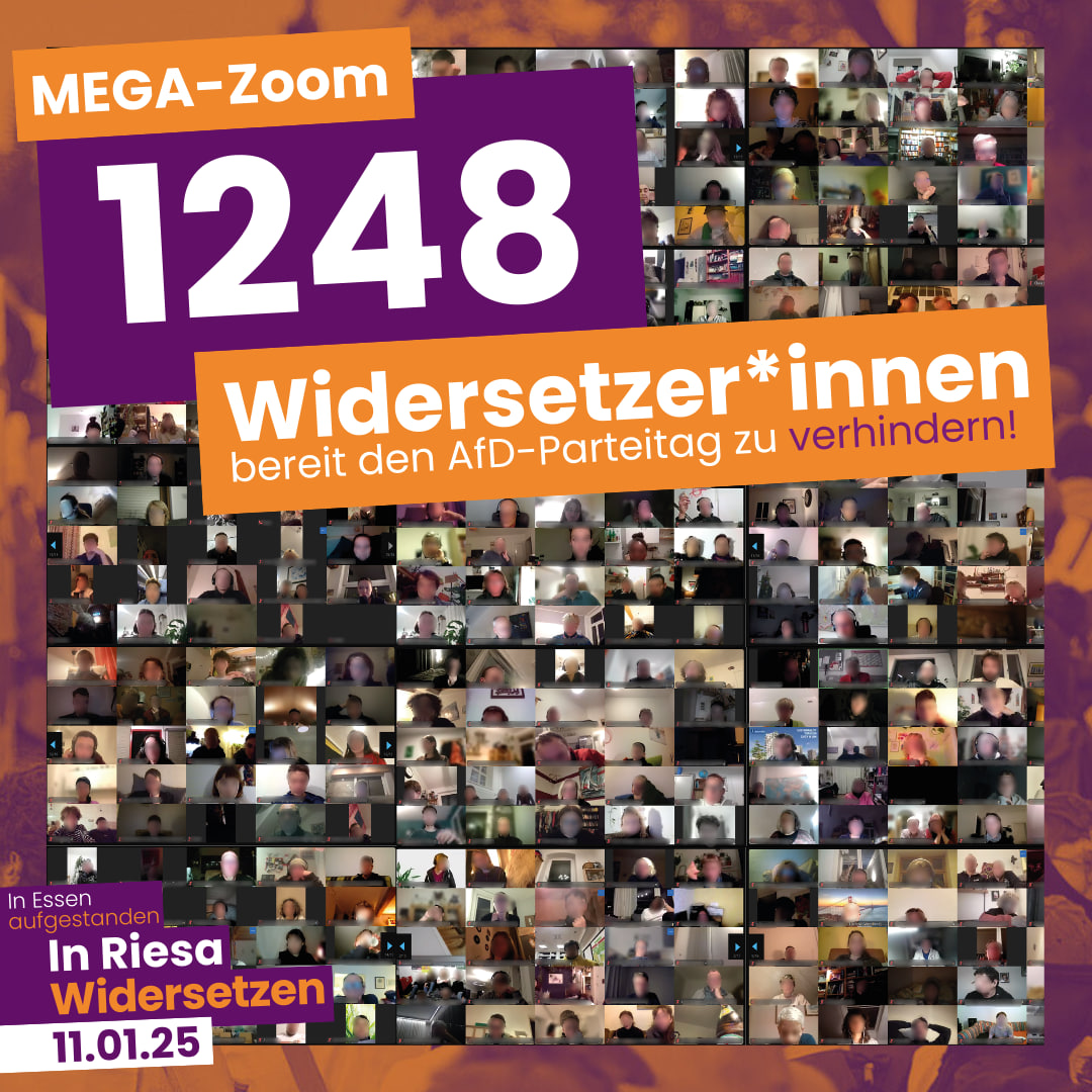 "Mega Zoom 1248 Widersetzer*innen bereit den AfD Parteitag zu verhindern" Im Hintergrund sind sehr viele Zoom Kacheln zu sehen.