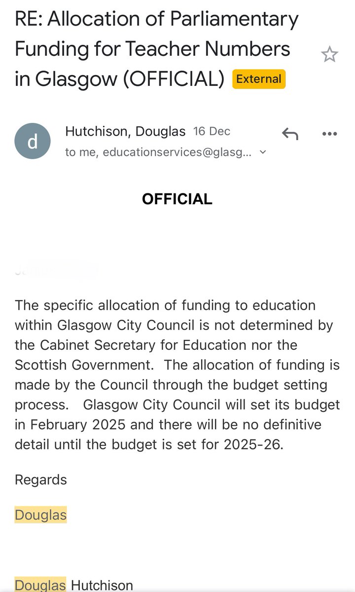 Teachers4Perm's tweet photo. We tried to reach out to Douglas Hutchinson at Glasgow City Council to ask if he can make assurances that @GlasgowCC will use the funding announced in Parliament to restore teacher numbers and this was the reply we received: https://t.co/8VqJYNGroP
