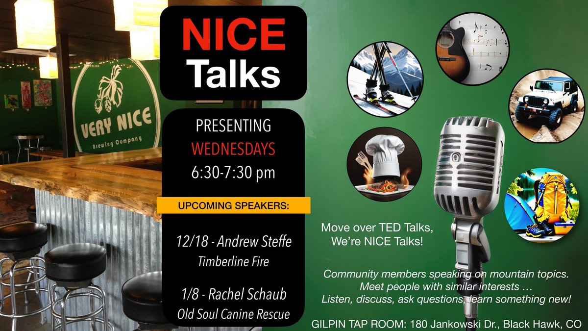 GILPIN TAP ROOM - 180 Jankowski Dr., Black Hawk, CO 80422
~
TONIGHT (Wed 12/18) is a NICE Talk with Andrew Steffe with Timberline Fire. He will discuss fire mitigation, forest health, ingress/egress importance, and bug out readiness. Starts at 6:30 pm! Hope to see you!
