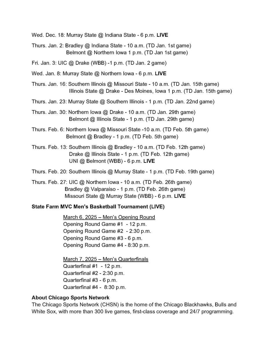 CHSN_Media's tweet image. Chicago Sports Network is adding Missouri Valley Conference Men’s and Women’s basketball to its programming lineup.
