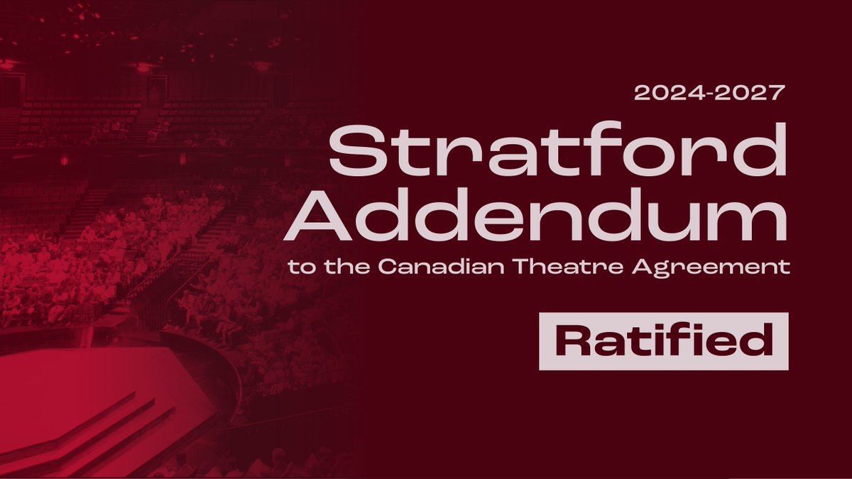 Equity is pleased to announce the Stratford Addendum to the CTA has been ratified.

Thank you to all who voted and to the members on the negotiating team!

The ratified terms take effect immediately, retroactive to Dec. 1 2024. The updated agreement will be available online soon.