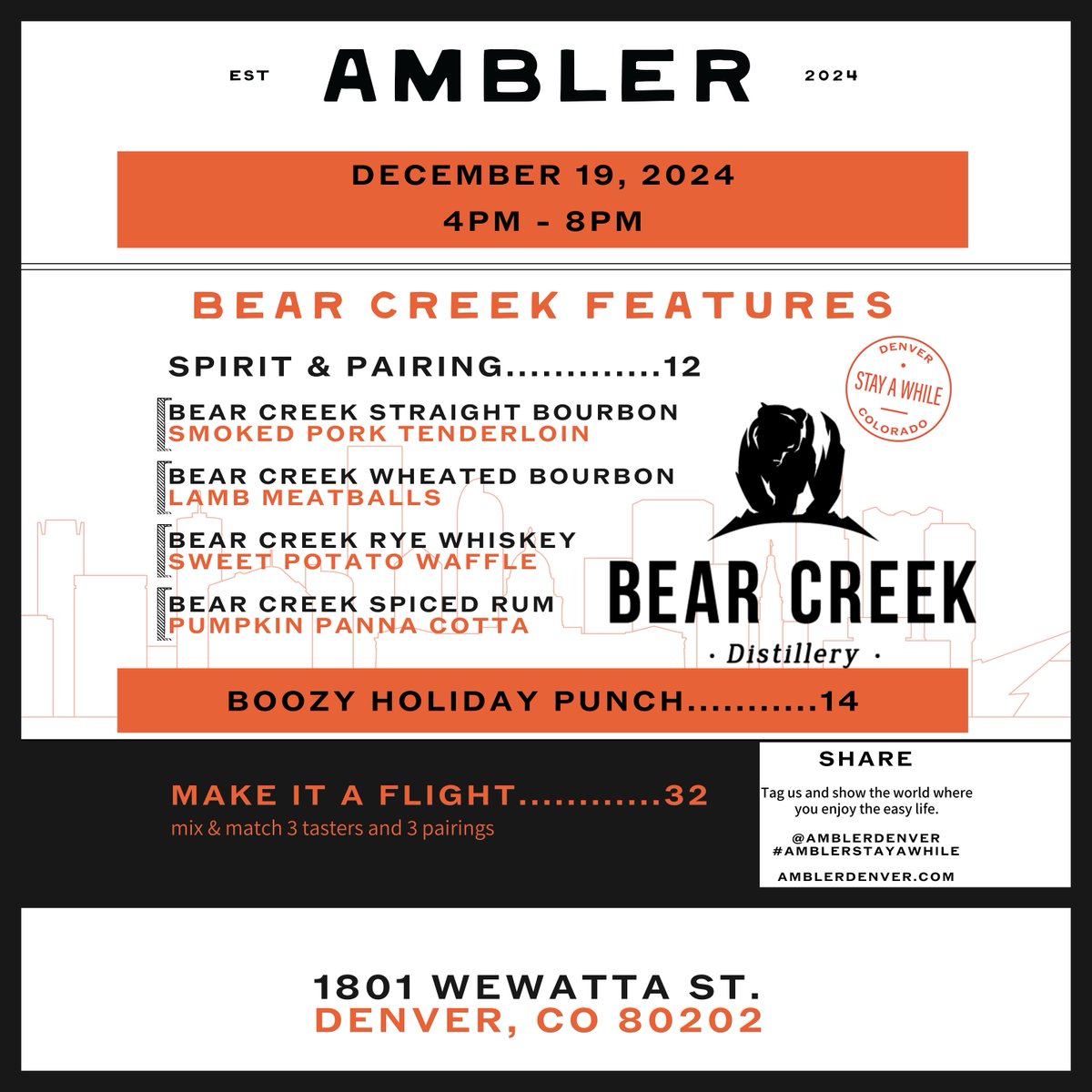 🎄 Bear Creek spirits + tasty bites = holiday magic! 🥃✨ Stop by Ambler Denver tomorrow, Dec 19, 4-8 PM for spirit pairings, boozy holiday punch, and festive vibes. 📍 1801 Wewatta St, Denver

#DenverEvents #BearCreekDistillery #gocraftwiththem #bearnecessities #BCD