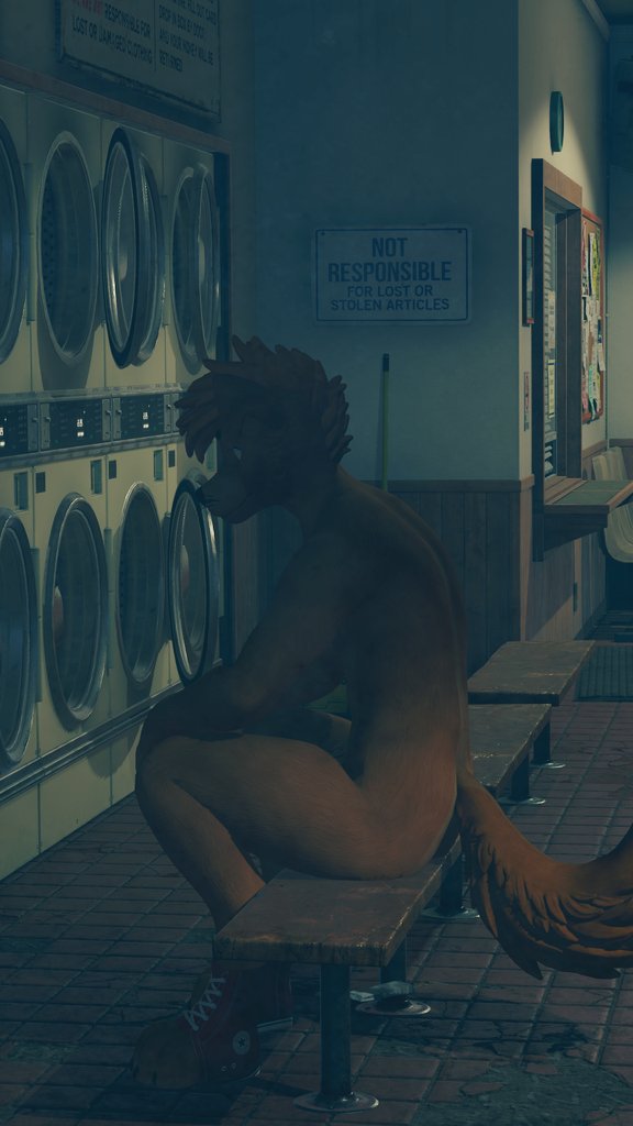 Raspberry0Beret's tweet photo. Ollie traveled a little too light. One spilled drink and now he's taking a risky trip to the Laundromat in the middle of the night. #vrchat #VRChatPhotography #NSFW #Winterpaw #furry #furryfandom #vrchatfurry https://t.co/L5tCFrzTld