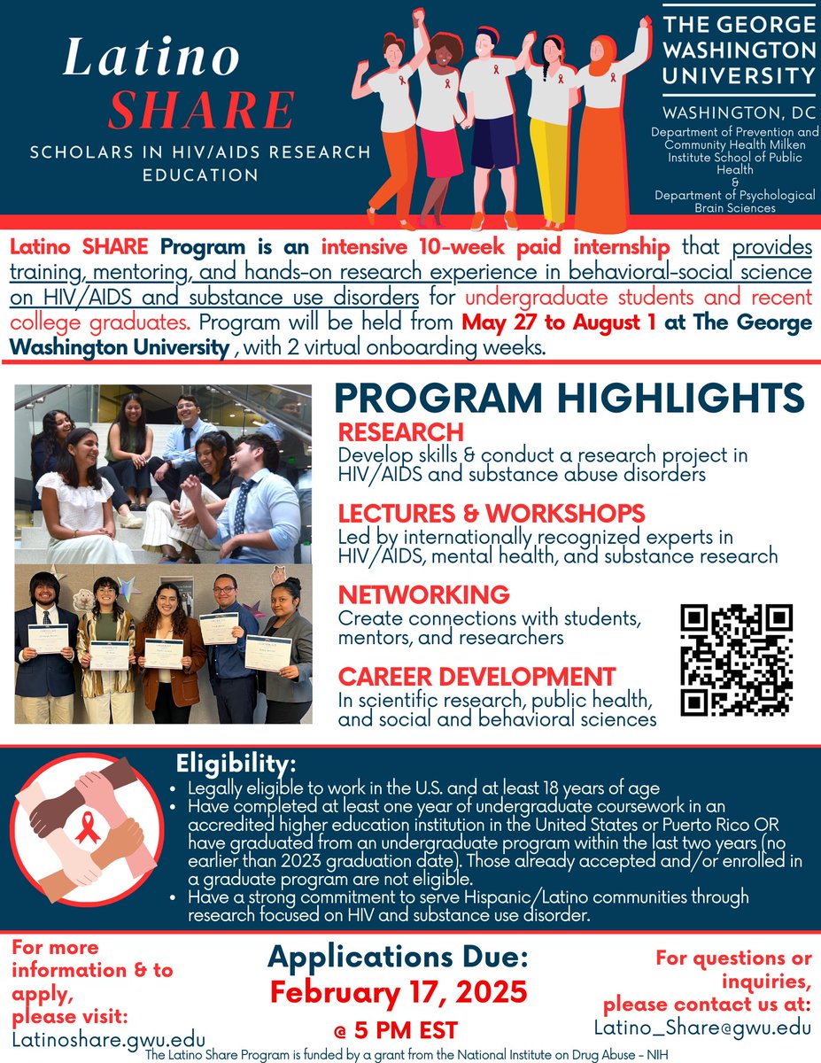 The applications for the Latino SHARE summer program are now open! We support undergrad students and recent graduates interested in #HIV and substance use-related research and are committed to Latino communities. For more info: latinoshare.gwu.edu