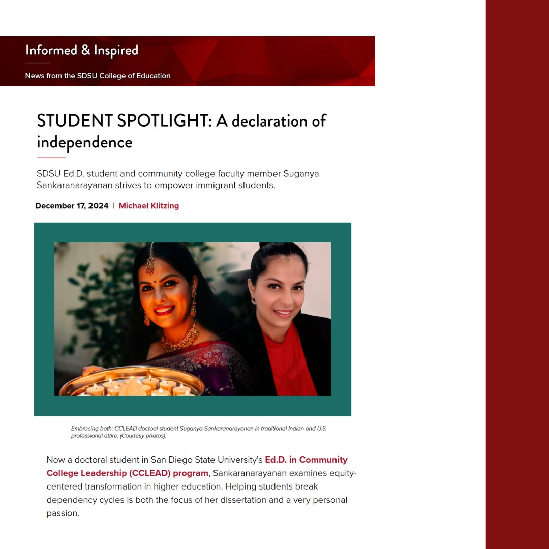 Congrats Student Spotlight: SDSU Ed.D. student and community college faculty member @susank_universe Suganya Sankaranarayanan <a href="/DrHerreraSDSU/">Felisha Herrera Villarreal, PhD</a> is proud to serve as her dissertation chair and mentor.
Learn more: education.sdsu.edu/news/2024/stud…