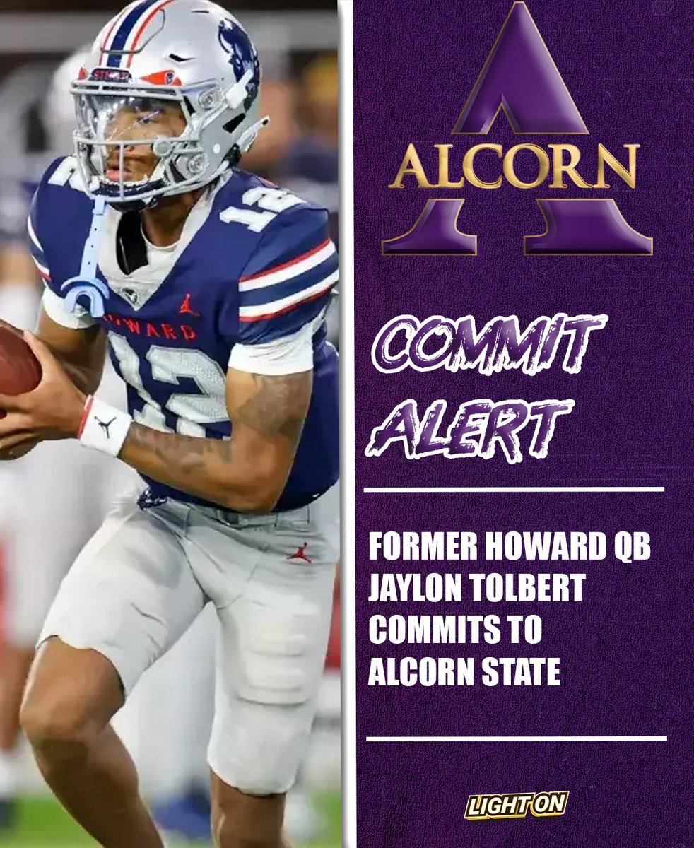 LIGHT ON COLLEGE SPORTS (@lightonsports) on Twitter photo Former Howard QB Jaylon Tolbert has committed to Alcorn State, per his social media. 🪓
He recorded 1,139 passing yards and 12 total touchdowns during his time with the Bison.
#BigBadBraves <a href="/tolbert_jaylon/">Jaylon Tolbert</a> Former Howard QB Jaylon Tolbert has committed to Alcorn State, per his social media. 🪓
He recorded 1,139 passing yards and 12 total touchdowns during his time with the Bison.
#BigBadBraves <a href="/tolbert_jaylon/">Jaylon Tolbert</a>