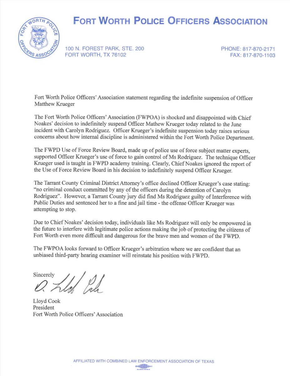 Our statement regarding the wrongful termination of Officer Krueger.