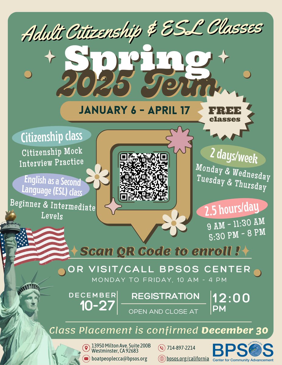 BPSOSCCA's tweet image. 2025 Spring registration for Adult Citizenship & ESL Classes from January 6th to April 17th, 2025, at BPSOS-CCA.
Scan the QR Code to enroll!
Or visit/call BPSOS from Monday to Friday, 10AM - 4PM to register before Friday, December 27 at 12PM. #adultcitizenship #eslclasses