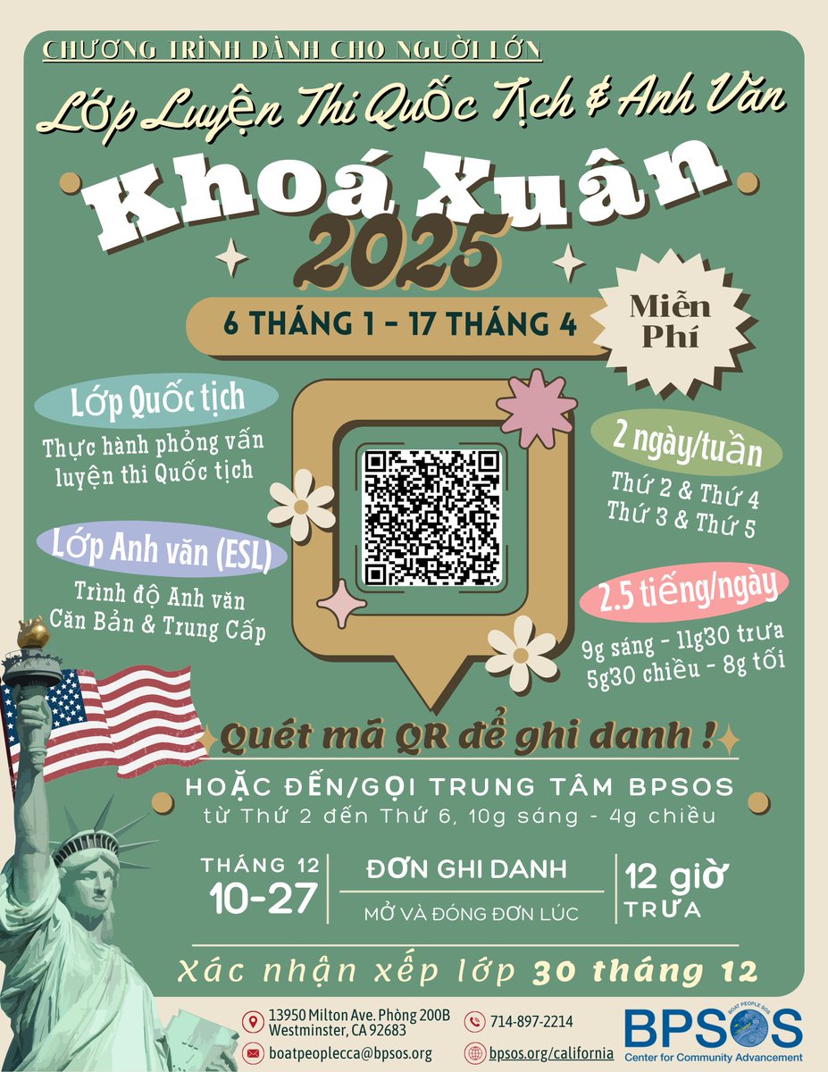 BPSOSCCA's tweet image. 2025 Spring registration for Adult Citizenship & ESL Classes from January 6th to April 17th, 2025, at BPSOS-CCA.
Scan the QR Code to enroll!
Or visit/call BPSOS from Monday to Friday, 10AM - 4PM to register before Friday, December 27 at 12PM. #adultcitizenship #eslclasses