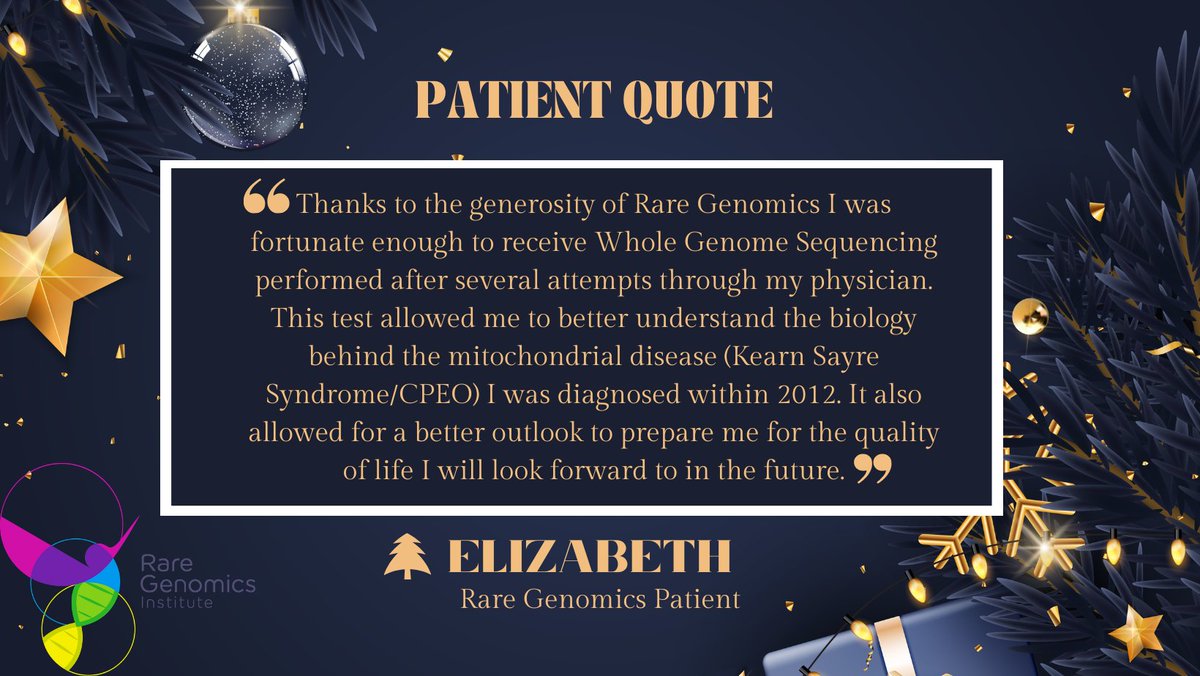 On the 1st day of this holiday season, we’re kicking off our celebration with a Rare Genomics patient! Today, we’re sharing a heartfelt quote from Elizabeth. Stay tuned as we continue to highlight many incredible patients and volunteers! 💙

#RareDiseases #PatientSpotlight