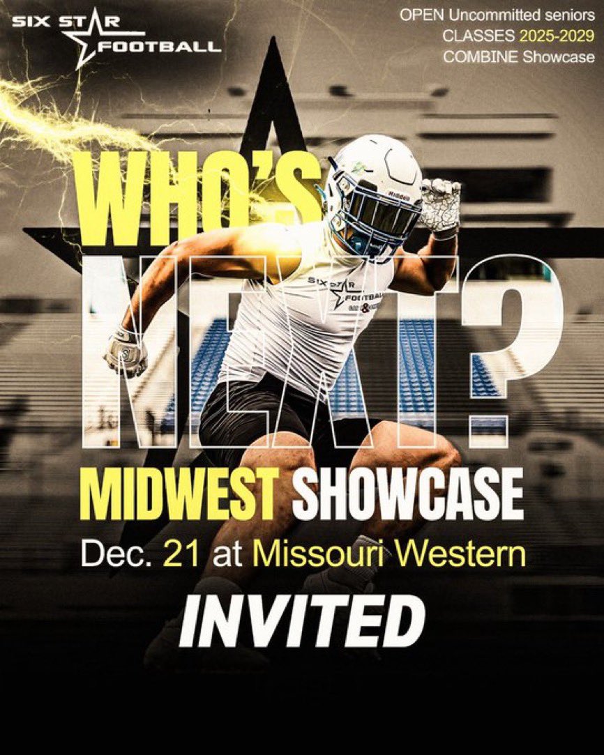 🚨Six Star Football I MIDWEST SHOWCASE🚨

📅Dec. 21
📍Missouri Western (Indoor)

⭐️There are only a few spots remaining for this year’s Midwest Showcase!!

Get them while you can!

REGISTER/INFO ⬇️⬇️⬇️
sixstarfootball.com/six-star-footb…